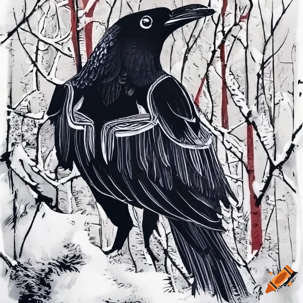 color woodblock print of a raven in a snowy forest
