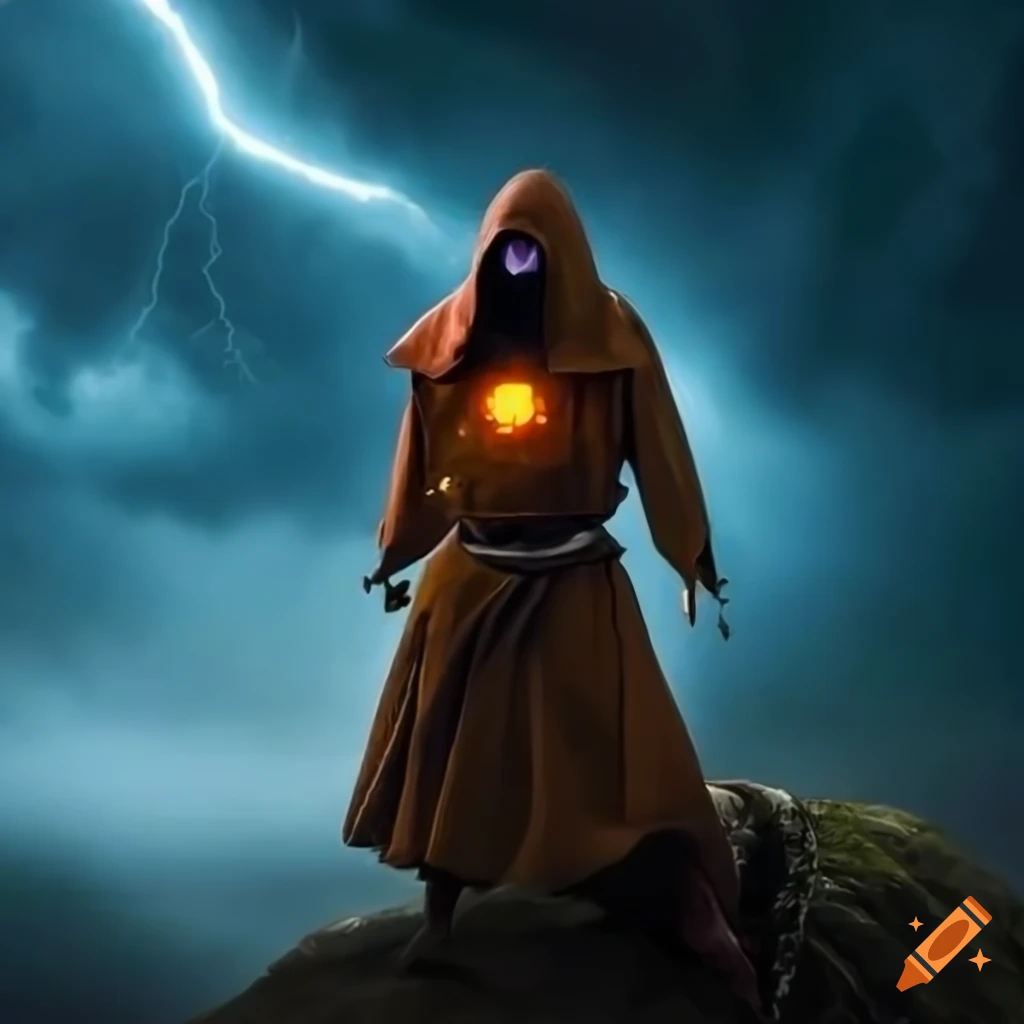 image of a hooded monk standing on a stormy mountain