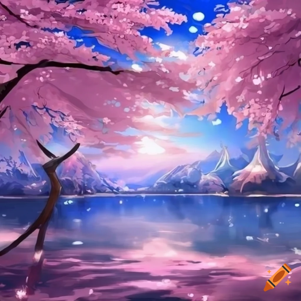 anime-style landscape with beautiful sakura blossoms