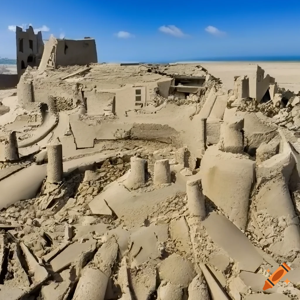 remnants of a partially destroyed sandcastle on the beach