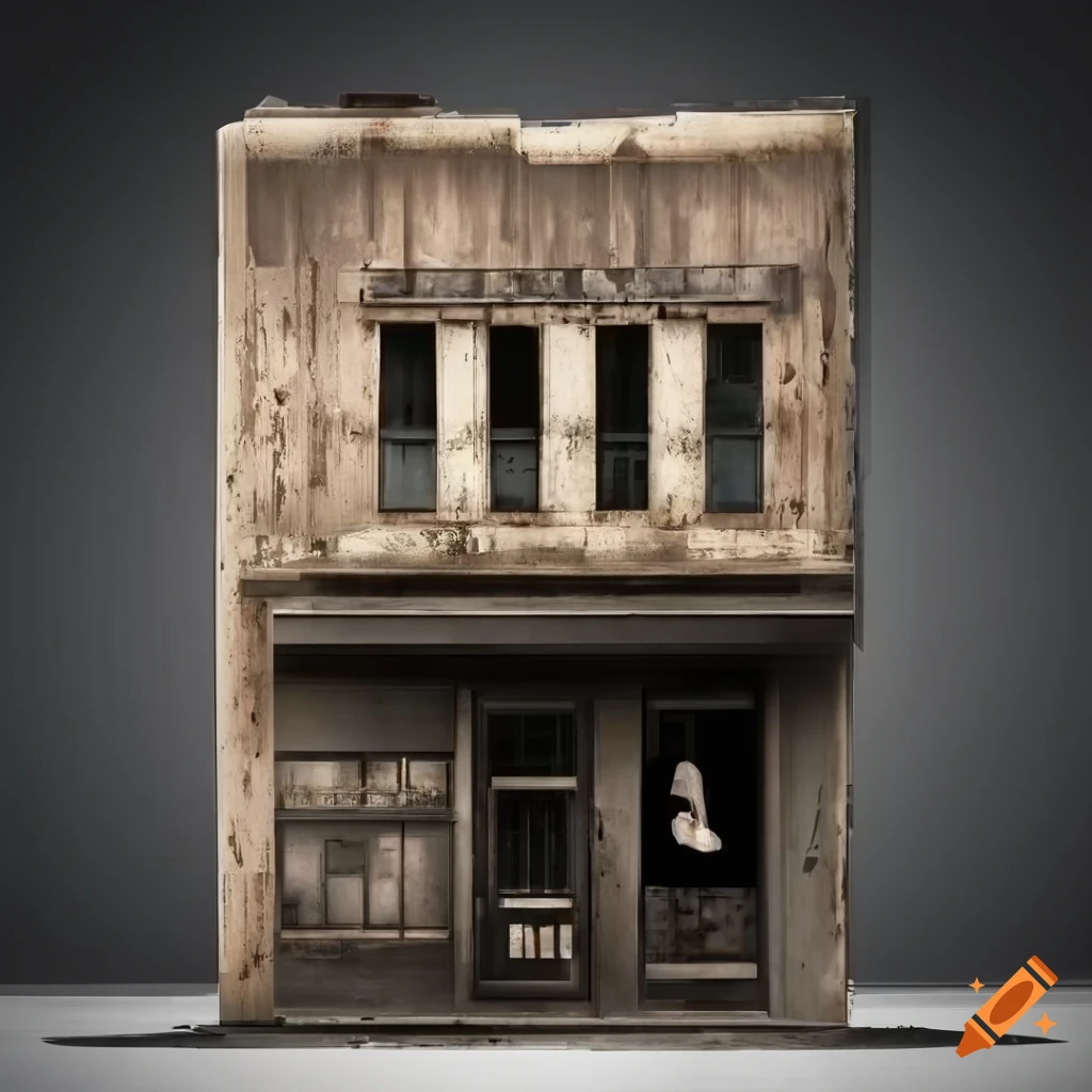 detailed 2D depiction of a weathered storefront facade in an urban environment