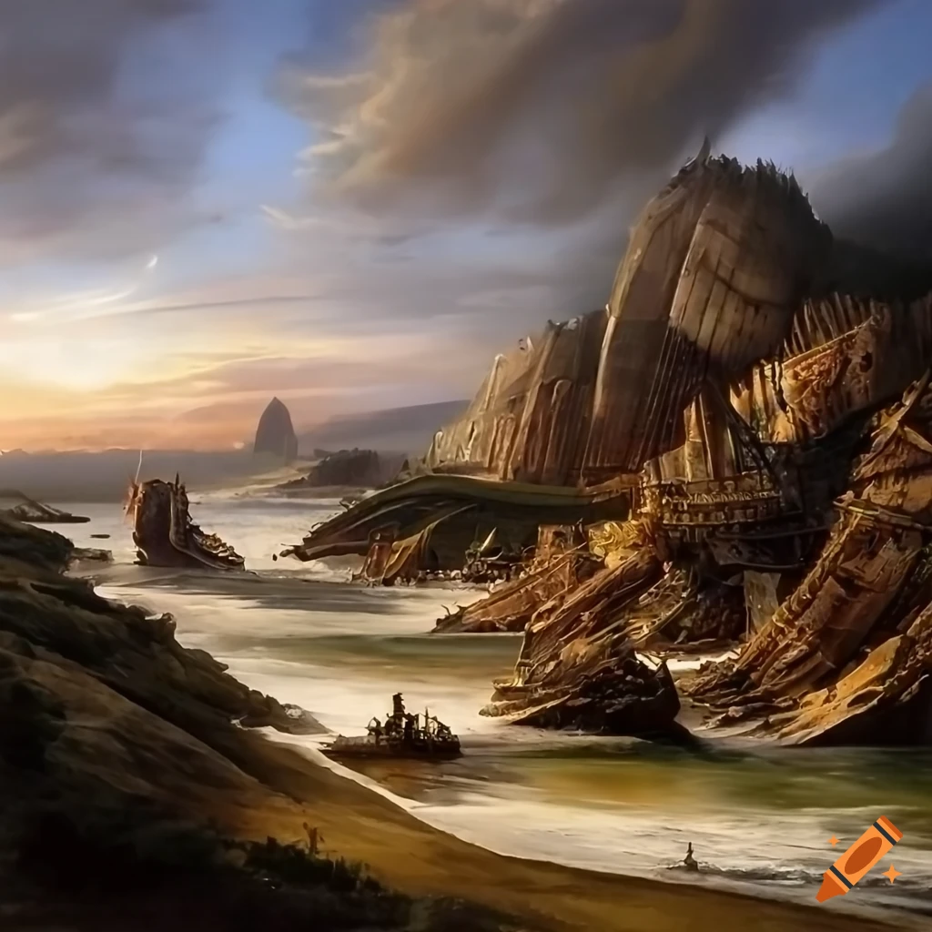 detailed artwork of ancient shipwrecks on the shore