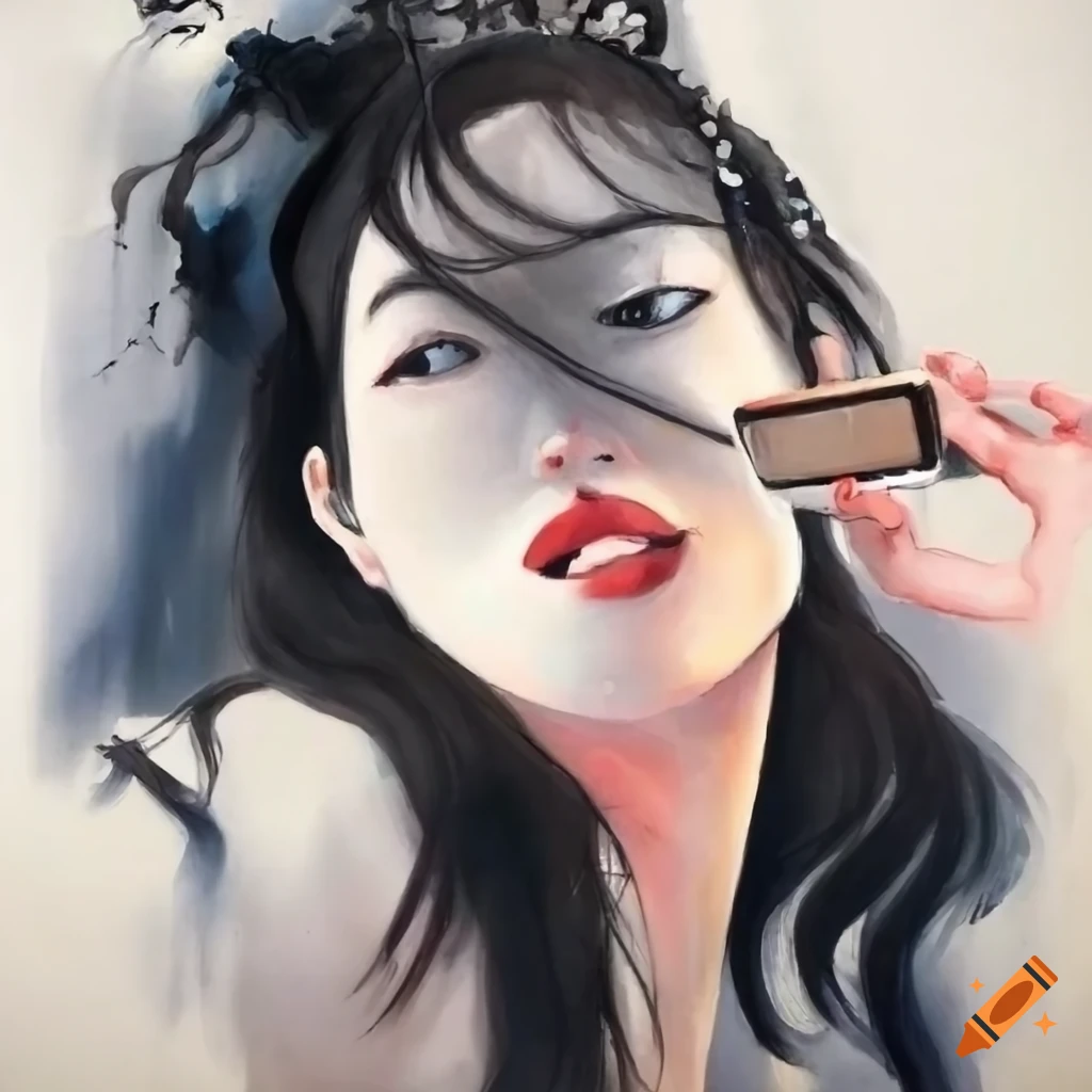 Japanese ink painting of a woman taking a selfie
