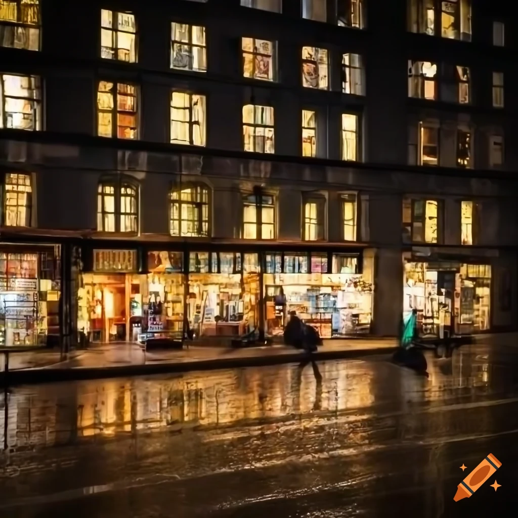 bookstore window in Berlin at night during rain