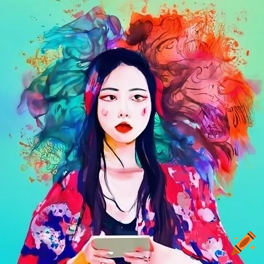 Japanese ink painting of a woman taking a selfie