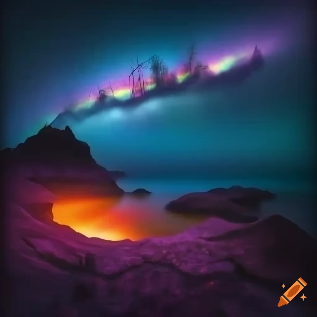 night landscape with mysterious multicolored lights in the sky