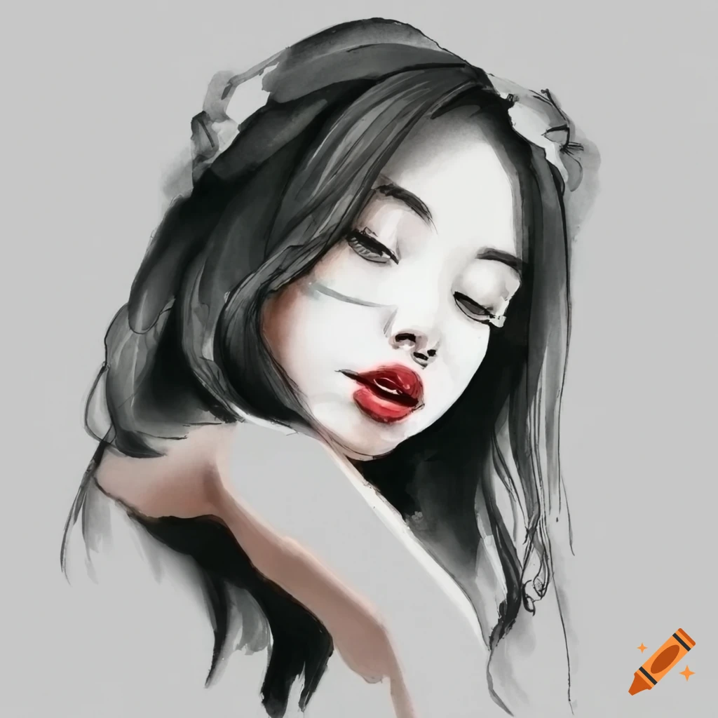 Japanese ink painting of a woman taking a selfie
