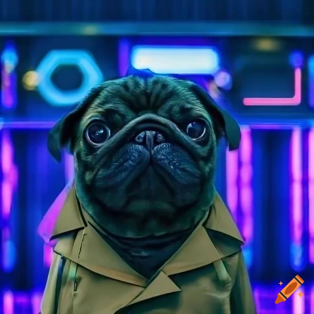 close-up photo of a pug in a trench coat suit in a futuristic Japanese market