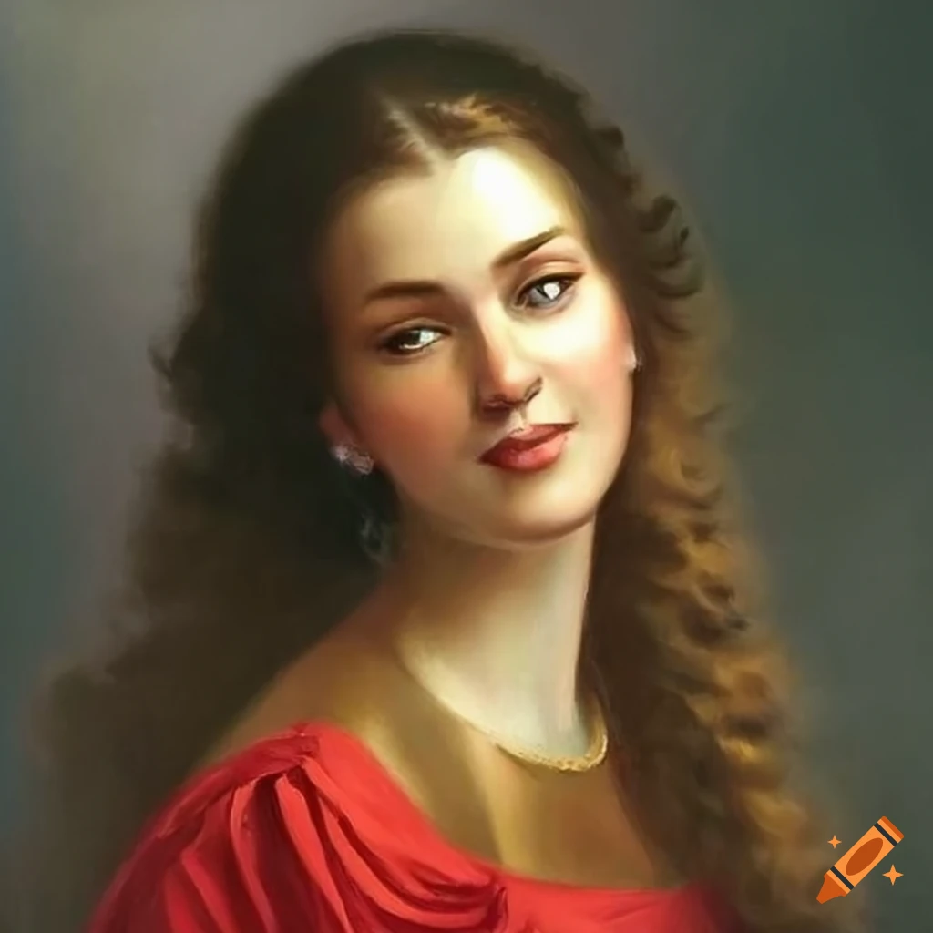Oil painting of a woman in a red dress with green-blue eyes on Craiyon
