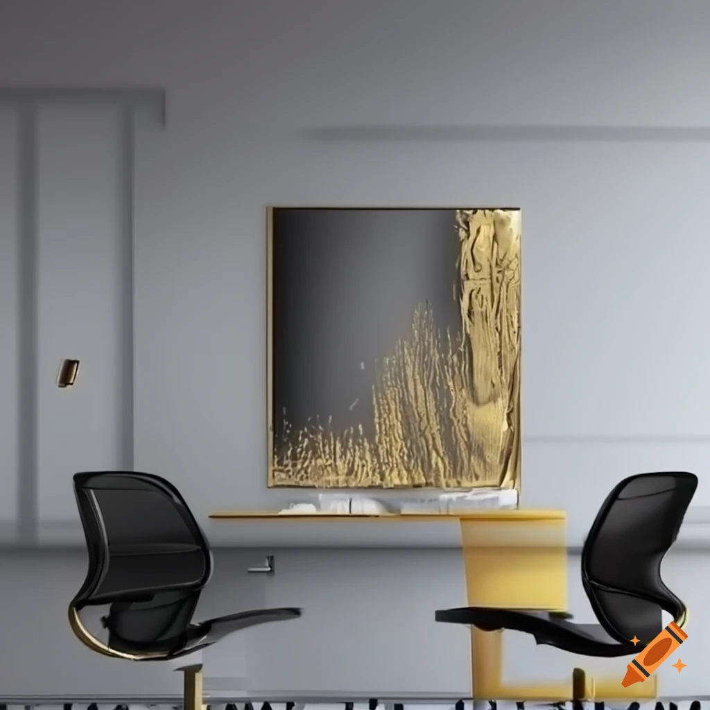 modern office room with gold accents and wall art