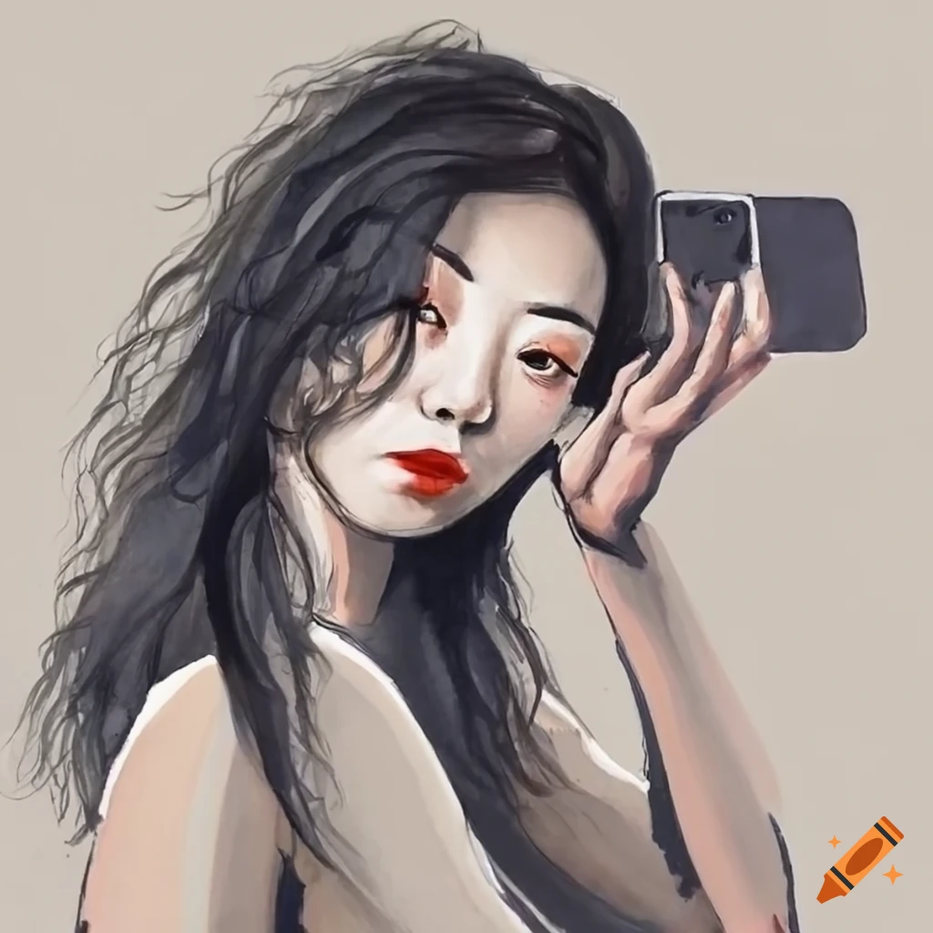 Japanese ink painting of a woman taking a selfie