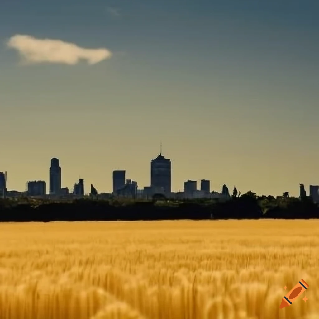 sunset view of poppies in a wheat field with city silhouette