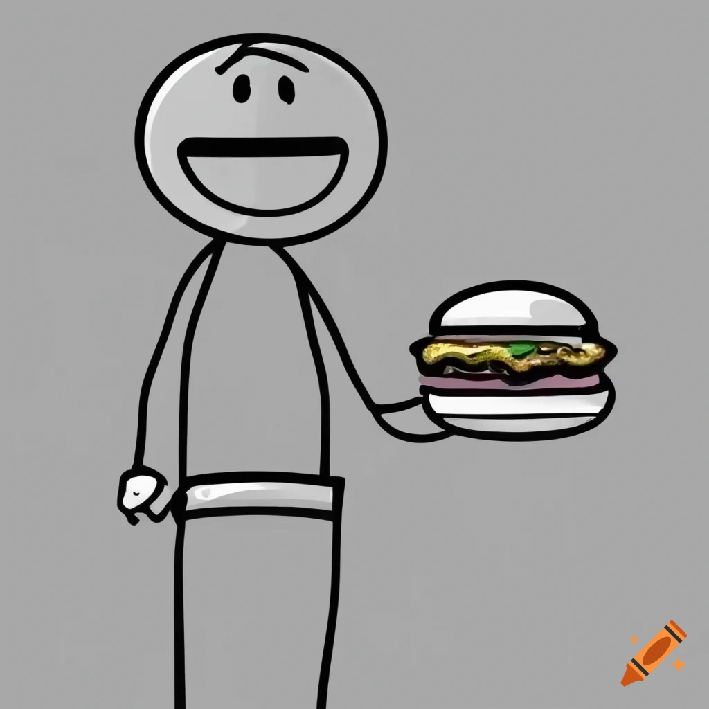 black and white cartoon stickman holding a cheeseburger