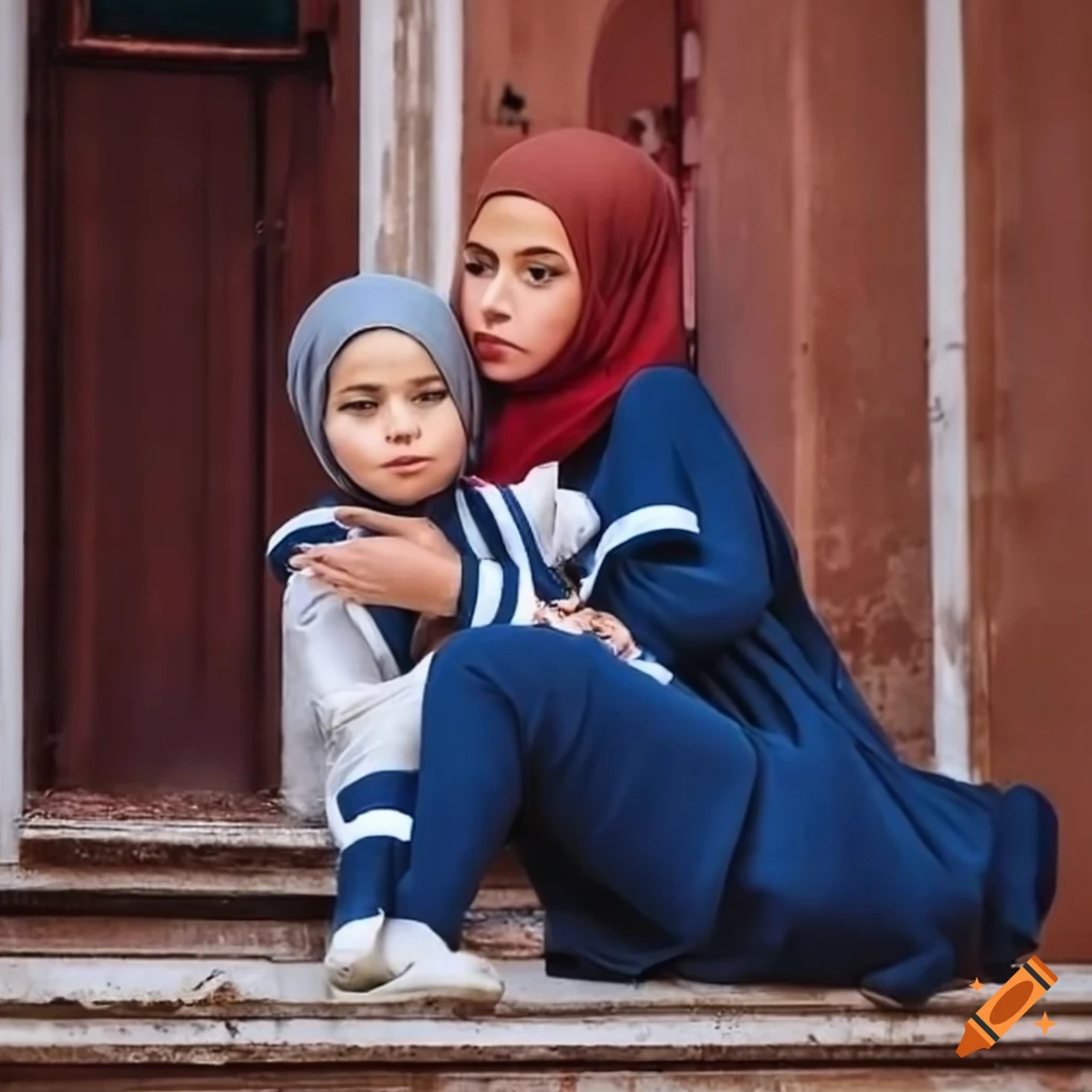 girls in sailor suits and hijabs sitting on a Venice balcony
