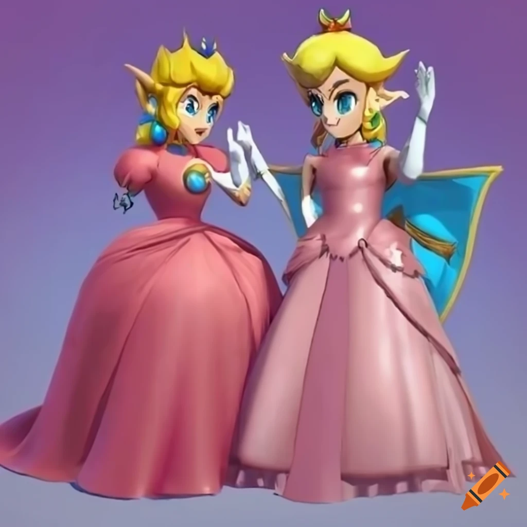Princess Peach and Link posing in pink silk ballgown