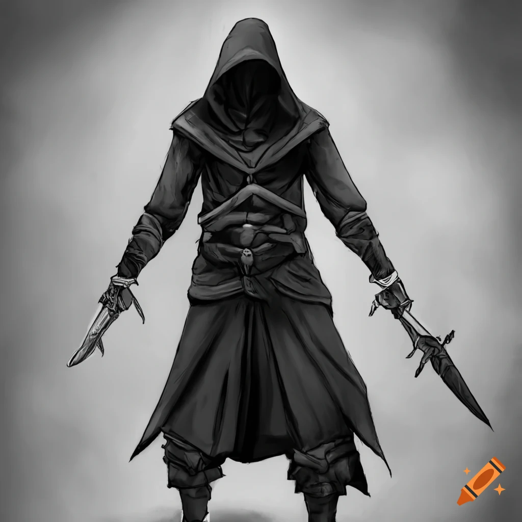 black and white portrait of a hooded adventurer with dual daggers