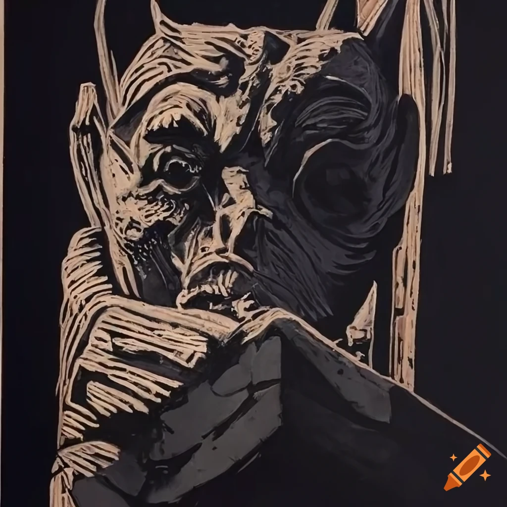 linocut artwork of a dormant gargoyle on rooftop