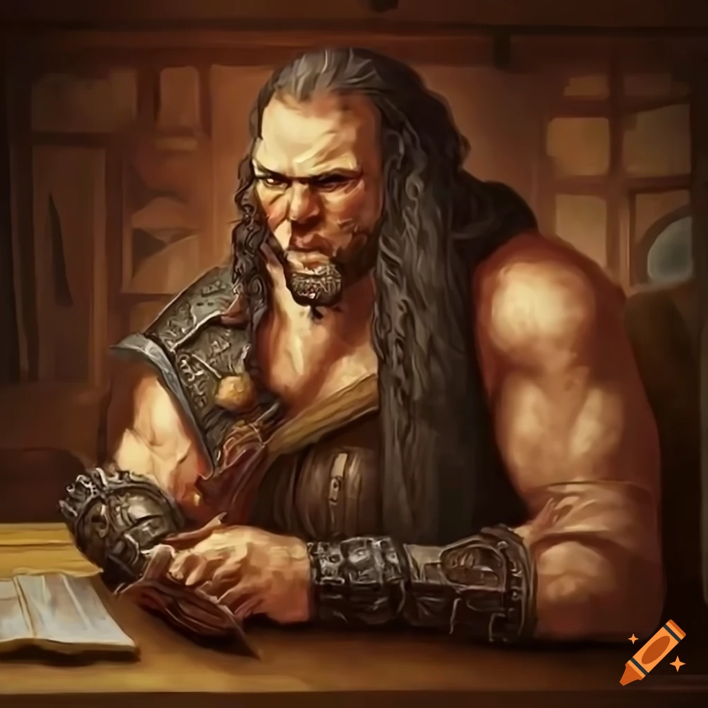 realistic artwork of a barbarian in a tavern