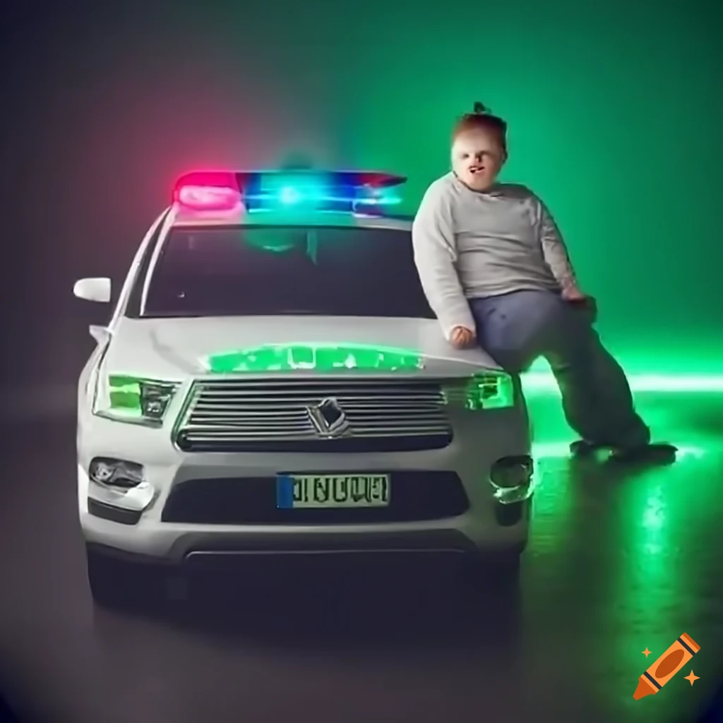 person with special needs next to a car with flashing lights