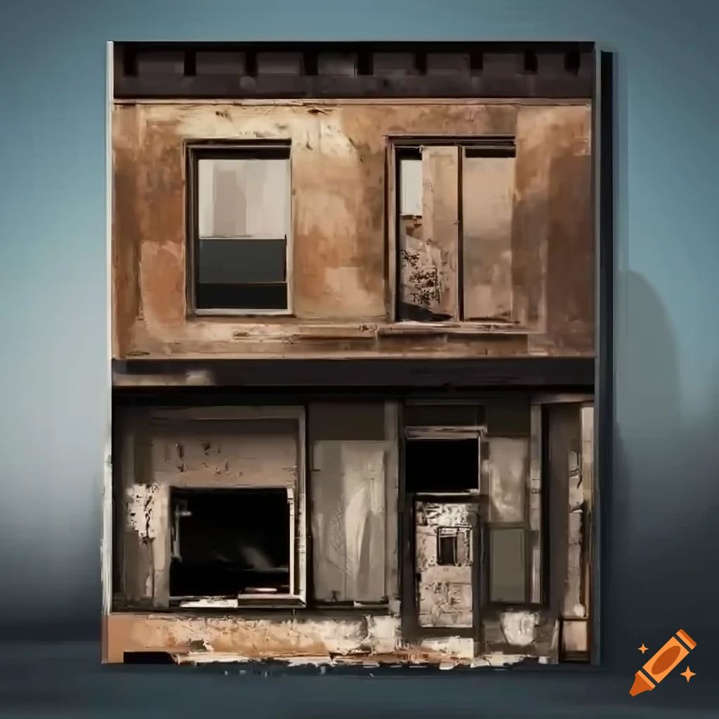 detailed 2D depiction of a weathered storefront facade in an urban environment