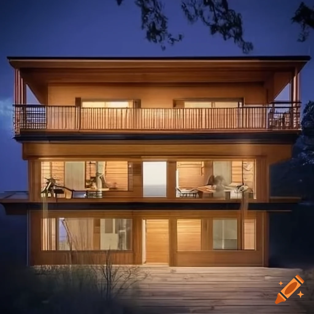 modern wooden house with large glass windows and a sleek design
