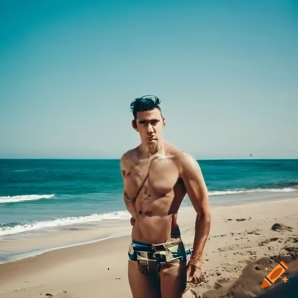 dramatic cinematic shot of a man at the beach with a Volkswagen van
