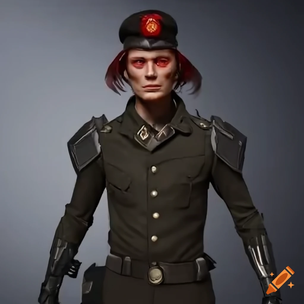 concept art of a pale-skinned elf in a military uniform