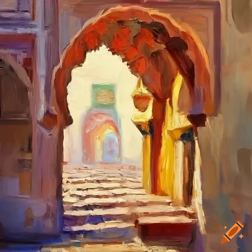 impressionist oil painting of a Moroccan house with a courtyard and vibrant colors