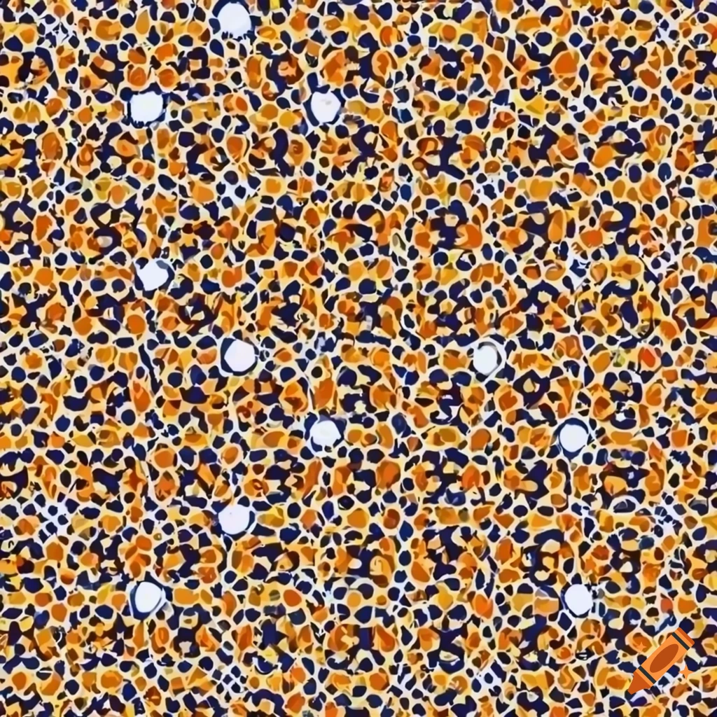 cartoon style pattern with orange and yellow dots on navy blue background