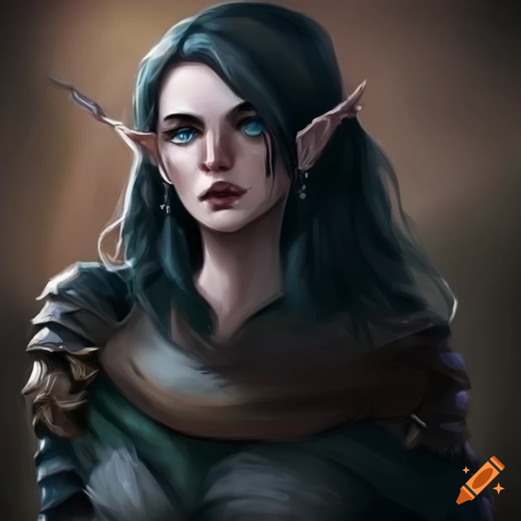 illustration of a mysterious half elf rogue with blue eyes and dark hair