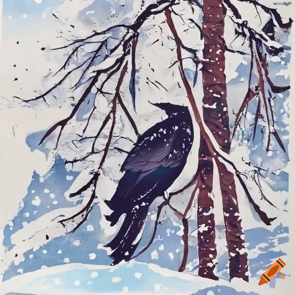 color woodblock print of a raven in a snowy forest