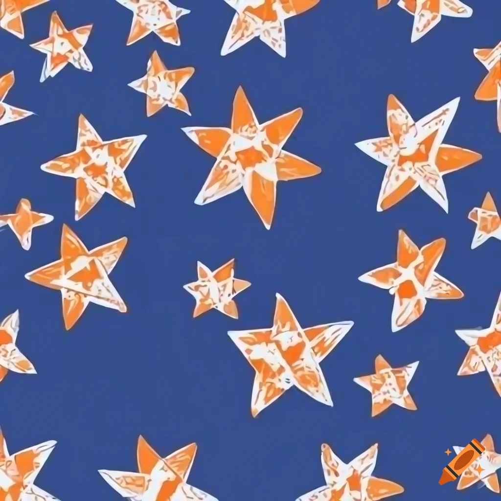 90s style cartoon pattern with orange stars on navy blue background