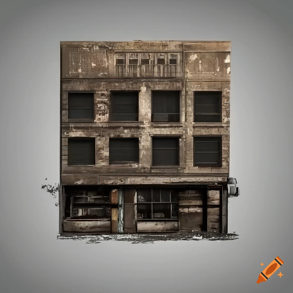 detailed 2D depiction of a weathered storefront facade