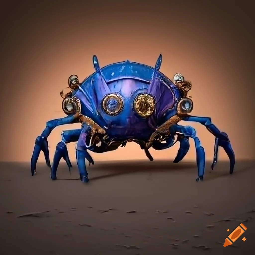 hyper realistic 3D rendering of a VW Beetle as a steampunk crab in a Martian ocean