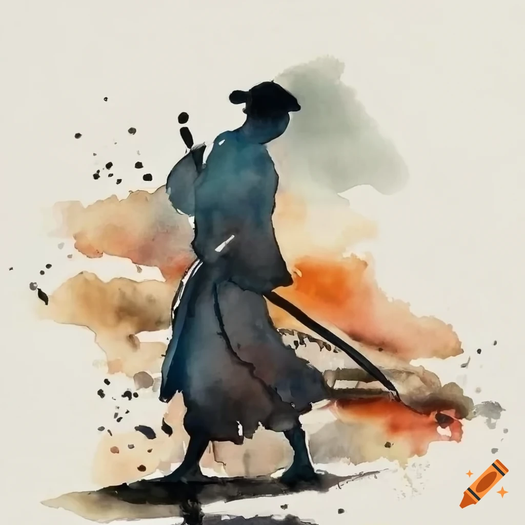 watercolor artwork of a ronin in a Japanese zen garden