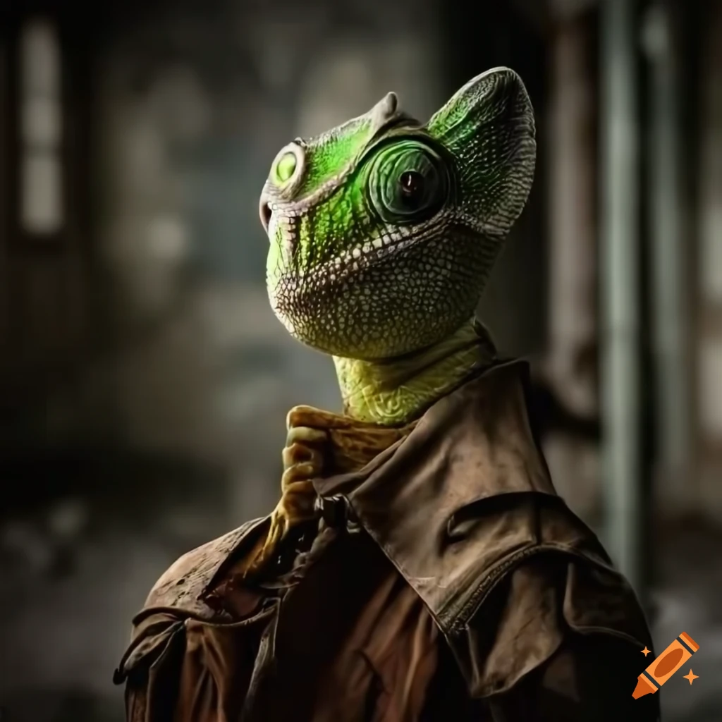 veiled chameleon wearing a steampunk jacket