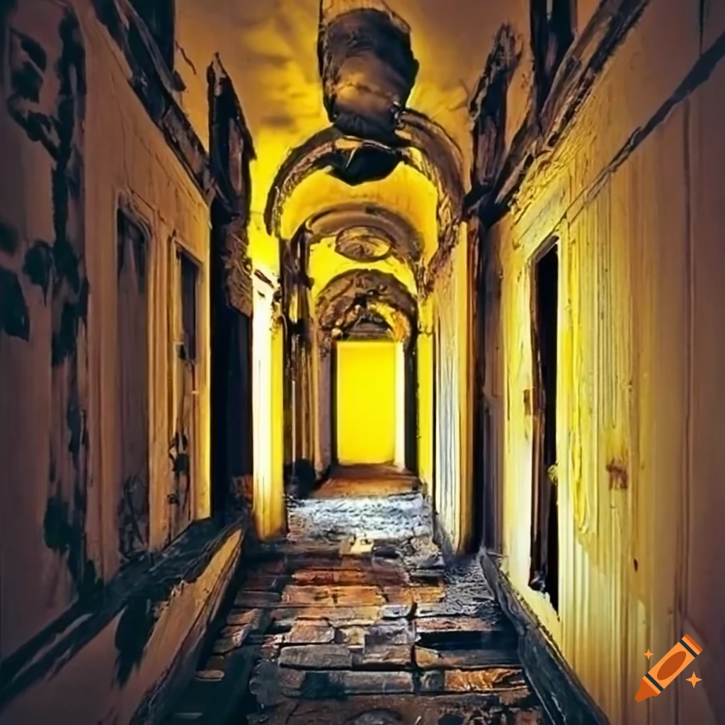 yellow hallway with decaying walls