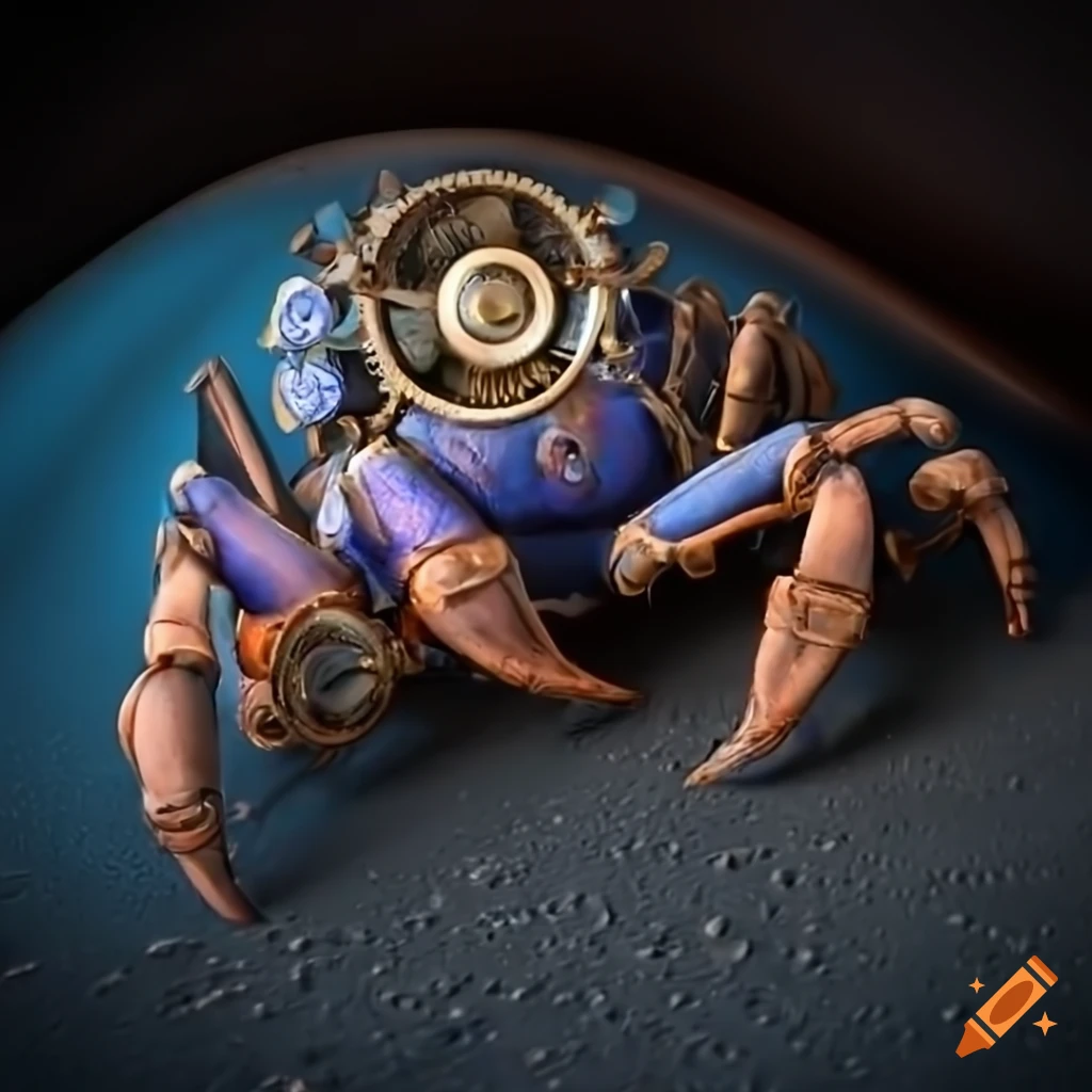 hyper realistic 3D rendering of a VW Beetle as a steampunk crab in a Martian ocean