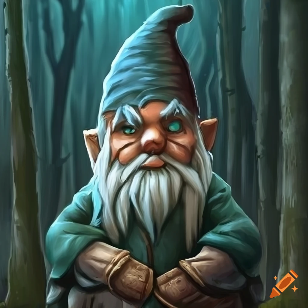 serious gnome in a dark forest