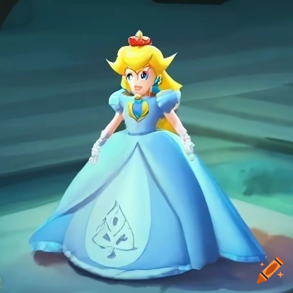 princess Peach in a beautiful ballgown on a grand staircase