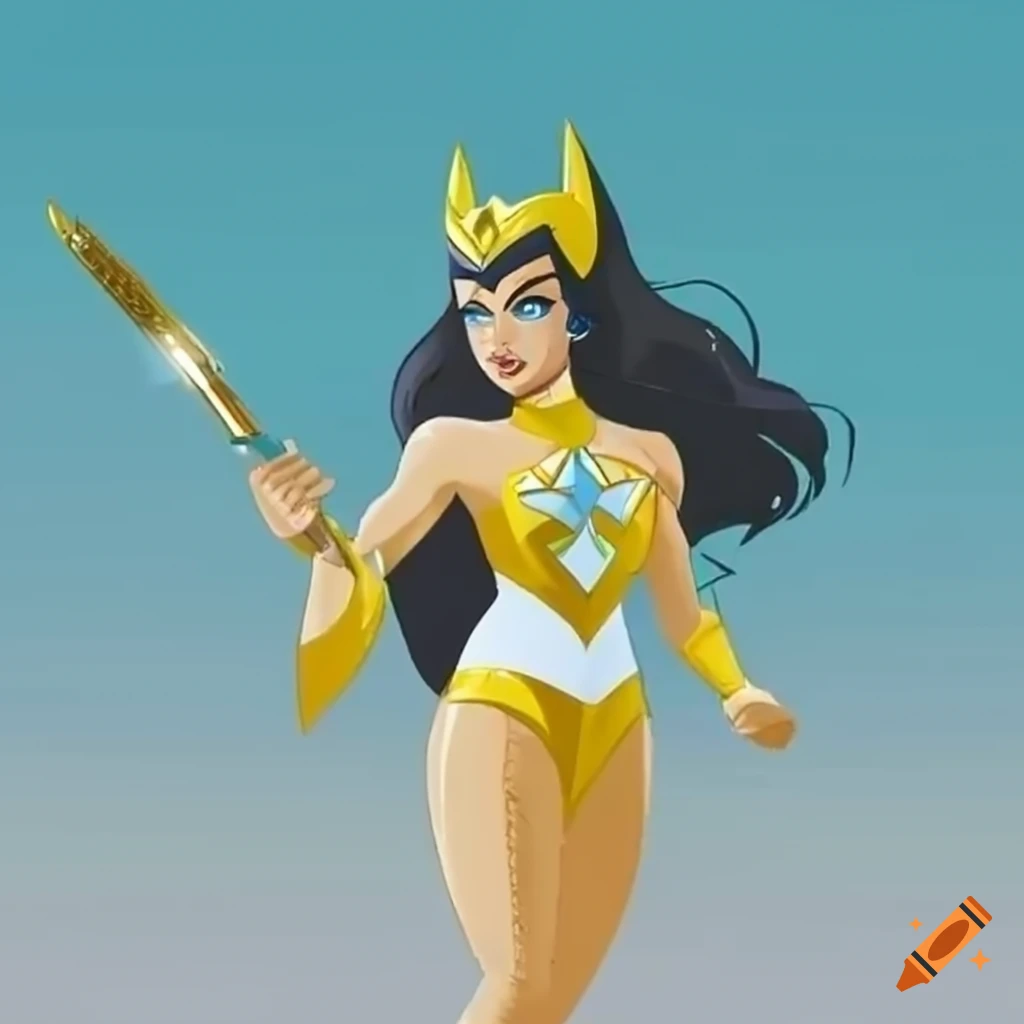 She-Ra inspired cartoon character with red and yellow jumpsuit