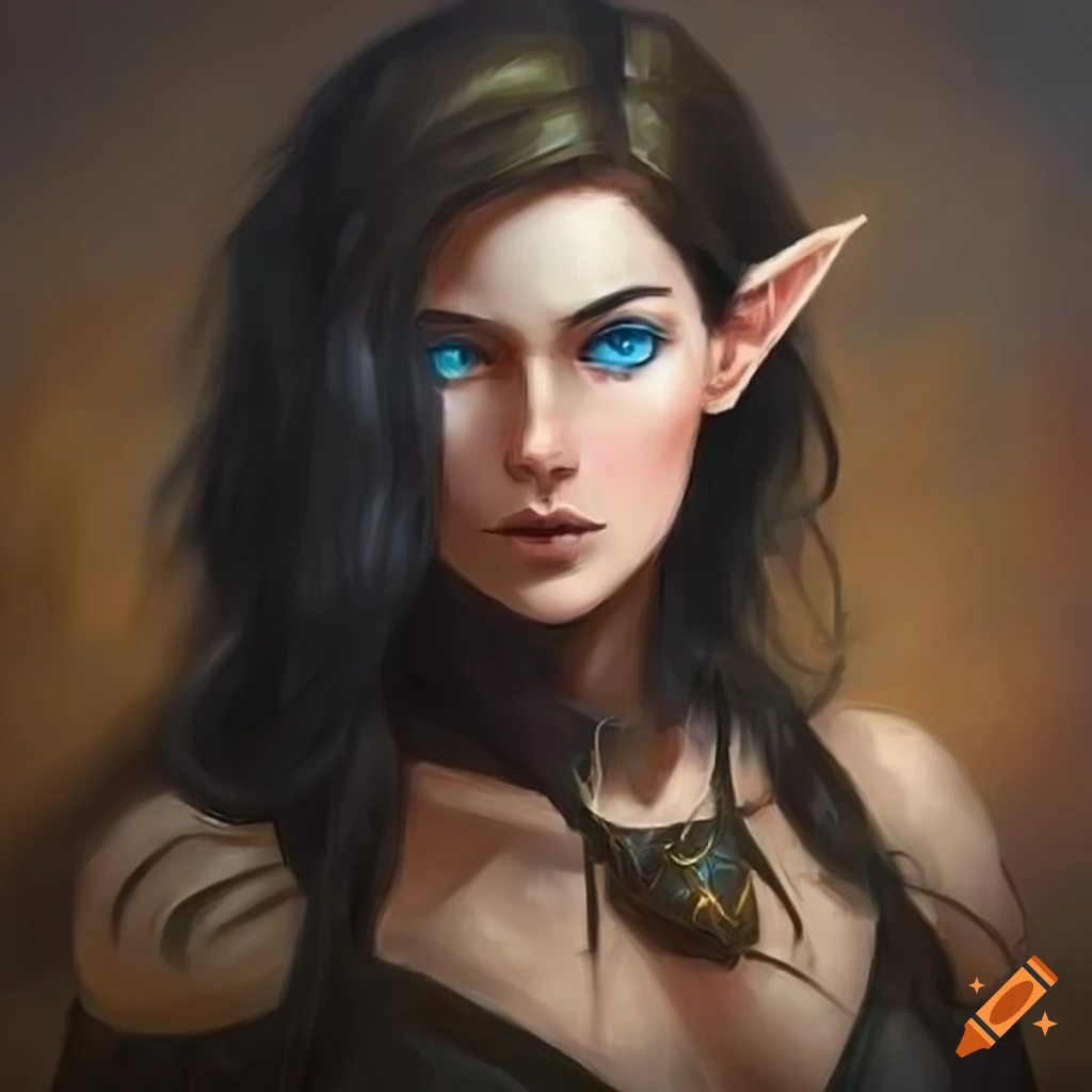 half elf rogue with blue eyes and dark hair