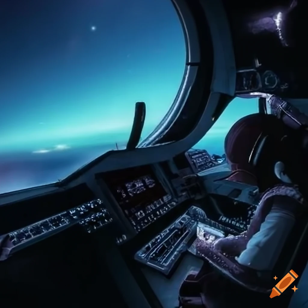 view from the cockpit of a futuristic space ship
