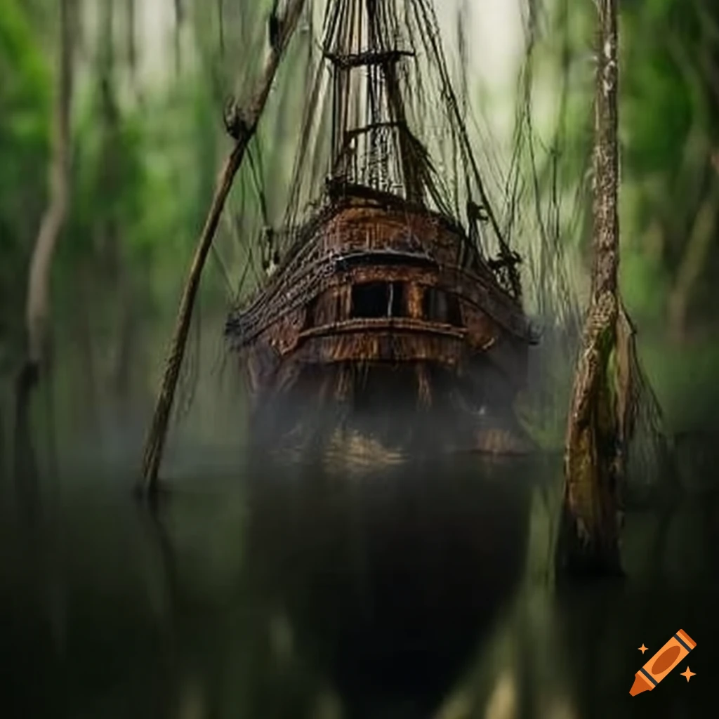 image of a Spanish galleon wrecked in a swamp