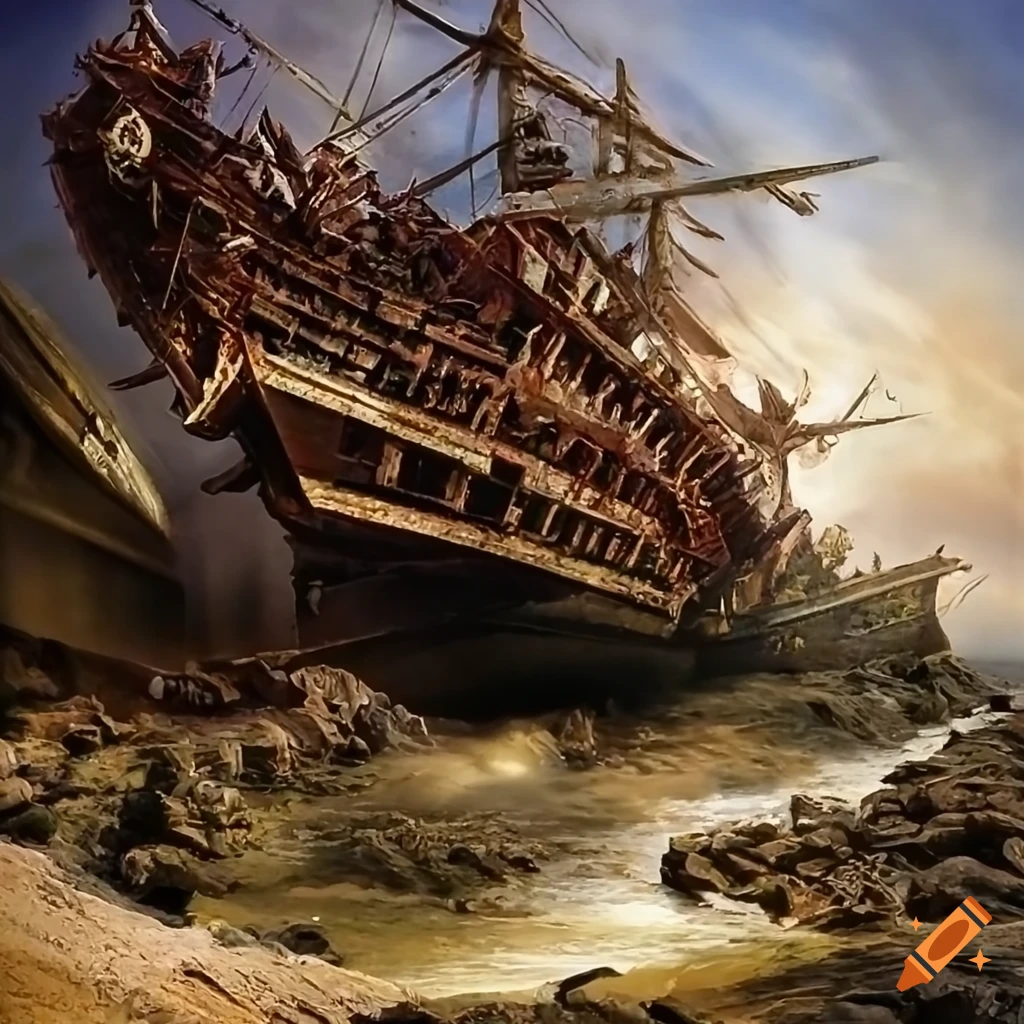 detailed artwork of ancient shipwrecks on the shore