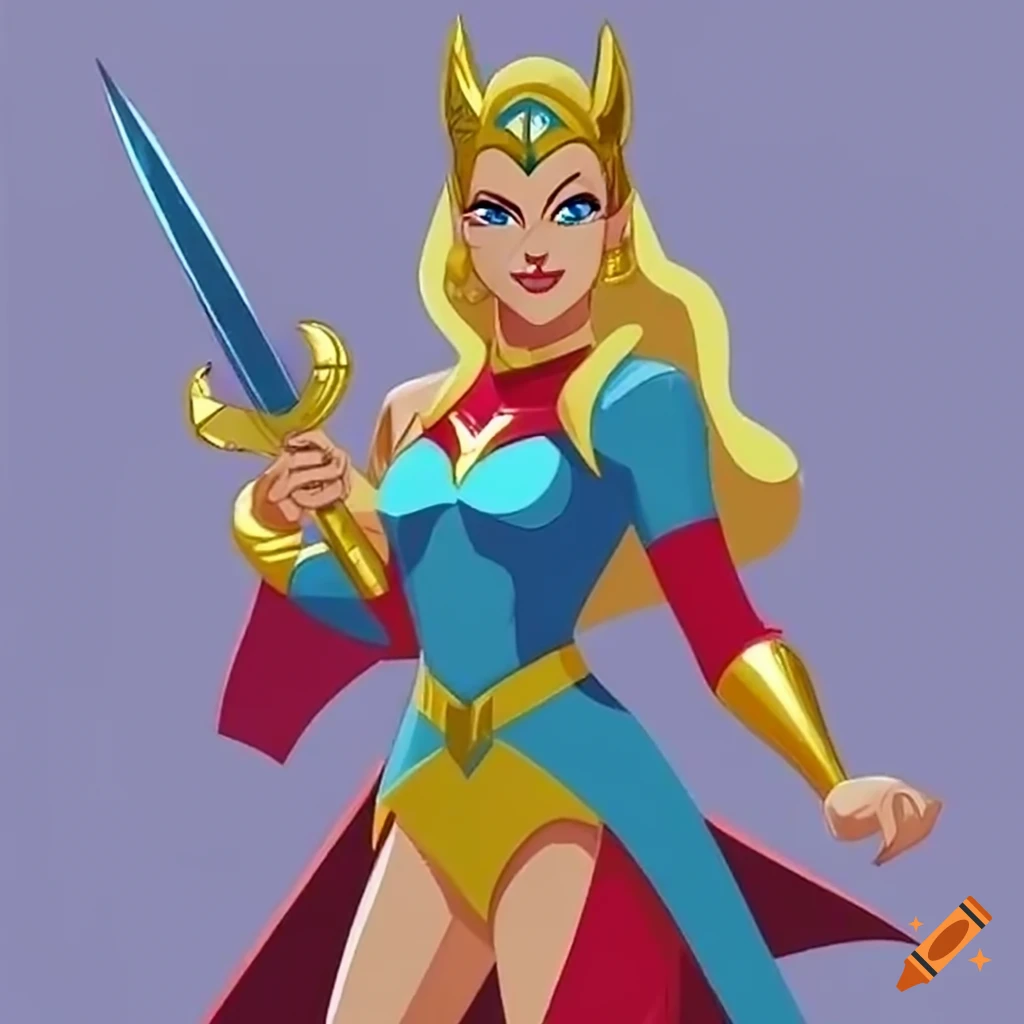 She-Ra inspired cartoon character with red and yellow jumpsuit