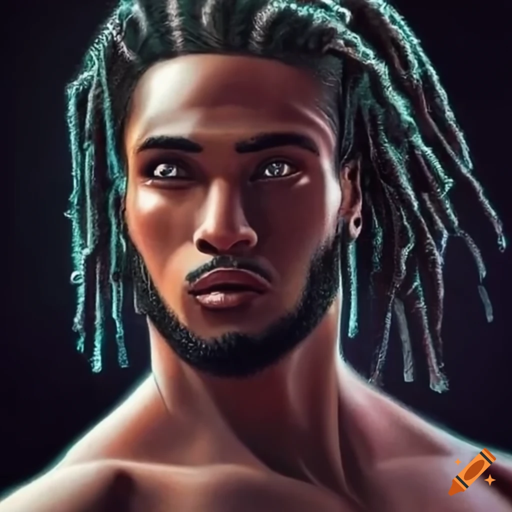 portrait of Johnny, an athletic black man with dreadlocks and brown eyes