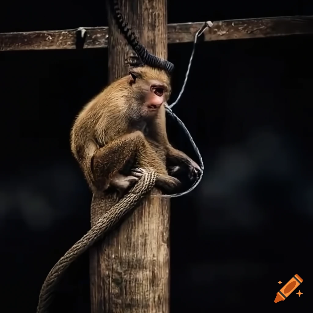 monkey climbing on a telephone pole in a town