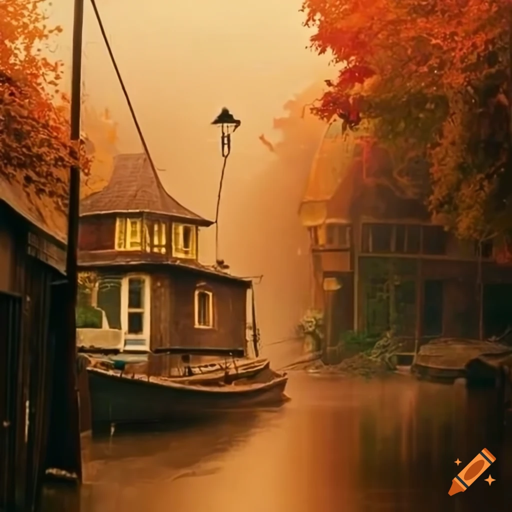 nostalgic picture of a fishing town in the rain