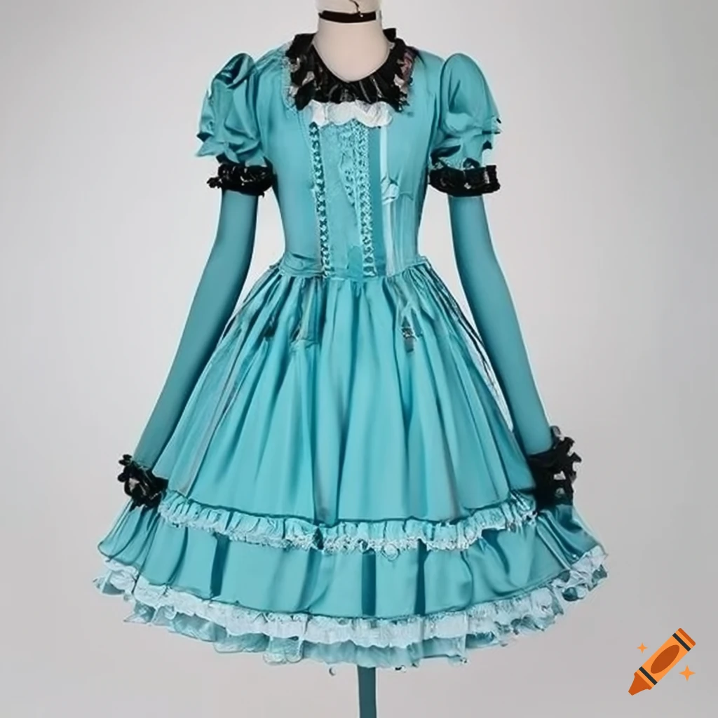 cyan goth lolita dress on display